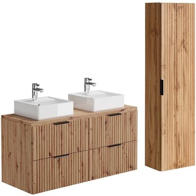 Unique Licht naturel geribbeld badkamermeubel met opbouwwastafel en kolomkast - Licht naturel - 120 cm - ZEVARA - Natuurlijk licht Unique Licht naturel geribbeld badkamermeubel met opbouwwastafel en kolomkast - Licht naturel - 120 cm - ZEVARA - Natuurlijk licht