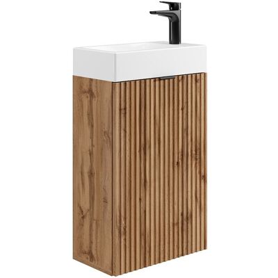 Unique Geribbeld wastafelmeubel met omkeerbaar deurtje, licht naturel - H60 x L40 x D22 - VAHIRA - Natuurlijk licht Unique Geribbeld wastafelmeubel met omkeerbaar deurtje, licht naturel - H60 x L40 x D22 - VAHIRA - Natuurlijk licht