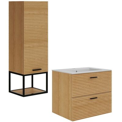 Unique Zwevend badkamermeubel met inbouwwastafel en kolomkast met nis - 2 lades - kleur: Licht naturel gestreept - 60 cm - SARONE - Natuurlijk licht Unique Zwevend badkamermeubel met inbouwwastafel en kolomkast met nis - 2 lades - kleur: Licht naturel gestreept - 60 cm - SARONE - Natuurlijk licht