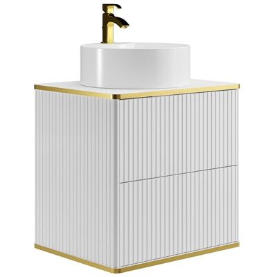 Unique Hangmeubel voor badkamer met ribbels en goudkleurige rand met ronde opbouwwastafel - Wit - B60 cm - KELIZA - Wit Unique Hangmeubel voor badkamer met ribbels en goudkleurige rand met ronde opbouwwastafel - Wit - B60 cm - KELIZA - Wit