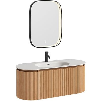 Unique Wandgemonteerd badkamermeubel met gegroefd essenhout, ingebouwde wasbak, kraan en spiegel – Licht naturel – B120 cm – LILIKO - Natuurlijk licht Unique Wandgemonteerd badkamermeubel met gegroefd essenhout, ingebouwde wasbak, kraan en spiegel – Licht naturel – B120 cm – LILIKO - Natuurlijk licht
