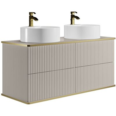 Unique Zwevend gestreept badkamermeubel met gouden bies en dubbele ronde opbouwwastafel - Beige - 150 cm KELIZA - Beige Unique Zwevend gestreept badkamermeubel met gouden bies en dubbele ronde opbouwwastafel - Beige - 150 cm KELIZA - Beige