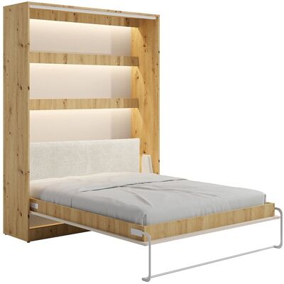 Unique Bedkast 160 x 200 cm met hoofdbord in ribfluweel - Handmatige verticale opening - Met leds - Beige en naturel - RAPILI - Beige, Natuurlijk licht Unique Bedkast 160 x 200 cm met hoofdbord in ribfluweel - Handmatige verticale opening - Met leds - Beige en naturel - RAPILI - Beige, Natuurlijk licht