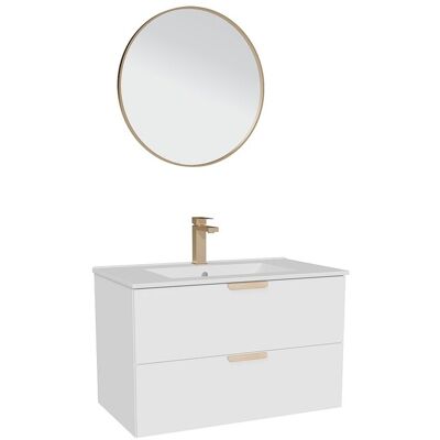 Unique Zwevend badkamermeubel met inbouwwastafel, kraan en spiegel - Wit - B80 cm - AVORELI - Wit Unique Zwevend badkamermeubel met inbouwwastafel, kraan en spiegel - Wit - B80 cm - AVORELI - Wit