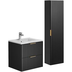 Unique Geribbeld hangmeubel voor badkamer met inbouwwastafel en kolom - Z wart - 60 cm - ZEVARA - Zwart Unique Geribbeld hangmeubel voor badkamer met inbouwwastafel en kolom - Z wart - 60 cm - ZEVARA - Zwart