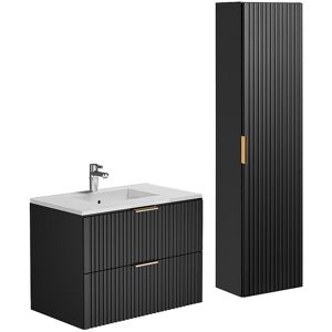 Unique Geribbeld hangmeubel met inbouwwastafel en kolomkast - Zwart - 80 cm - ZEVARA - Zwart Unique Geribbeld hangmeubel met inbouwwastafel en kolomkast - Zwart - 80 cm - ZEVARA - Zwart