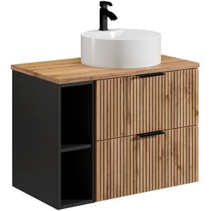 Unique Hangend geribbeld badkamermeubel met nissen en ronde opbouwwastafel - Licht naturel - L80 cm - MADELA - Zwart, Natuurlijk licht Unique Hangend geribbeld badkamermeubel met nissen en ronde opbouwwastafel - Licht naturel - L80 cm - MADELA - Zwart, Natuurlijk licht