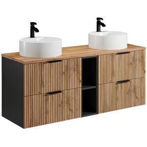 Unique Geribbeld hangmeubel voor badkamer met nissen en dubbele ronde opbouwwastafel - Licht naturel - L140 cm - MADELA - Zwart, Natuurlijk licht Unique Geribbeld hangmeubel voor badkamer met nissen en dubbele ronde opbouwwastafel - Licht naturel - L140 cm - MADELA - Zwart, Natuurlijk licht