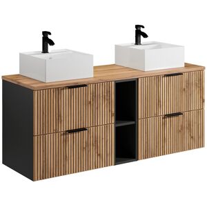 Unique Geribbeld hangmeubel voor badkamer met nissen en dubbele vierkante opbouwwastafel - Licht naturel - L140 cm - MADELA - Zwart, Natuurlijk licht Unique Geribbeld hangmeubel voor badkamer met nissen en dubbele vierkante opbouwwastafel - Licht naturel - L140 cm - MADELA - Zwart, Natuurlijk licht