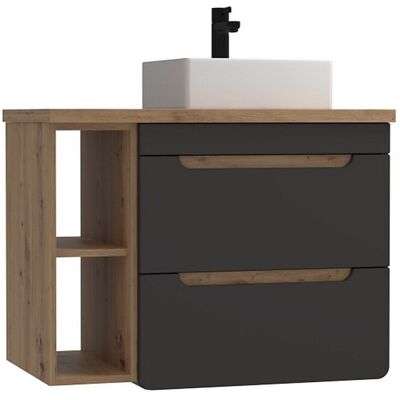 Unique Hangend badkamermeubel met wastafel en nissen - Naturelkleur en antraciet - 80 cm - ARUBA - Antracietgrijs, Natuurlijk licht Unique Hangend badkamermeubel met wastafel en nissen - Naturelkleur en antraciet - 80 cm - ARUBA - Antracietgrijs, Natuurlijk licht