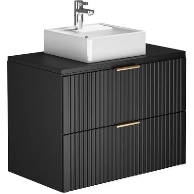 Unique Geribbeld hangmeubel voor badkamer met opzetwastafel - Zwart - 80 cm - ZEVARA - Zwart Unique Geribbeld hangmeubel voor badkamer met opzetwastafel - Zwart - 80 cm - ZEVARA - Zwart