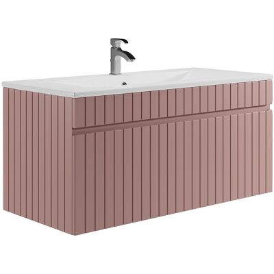 Unique Roze gestreept hangmeubel voor badkamer met inbouwwastafel - 100 cm - SATARA - Poederroze Unique Roze gestreept hangmeubel voor badkamer met inbouwwastafel - 100 cm - SATARA - Poederroze