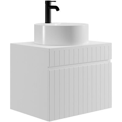 Unique Wit gestreept hangmeubel voor badkamer met ronde opbouwwastafel - 60 cm - SATARA - Wit Unique Wit gestreept hangmeubel voor badkamer met ronde opbouwwastafel - 60 cm - SATARA - Wit