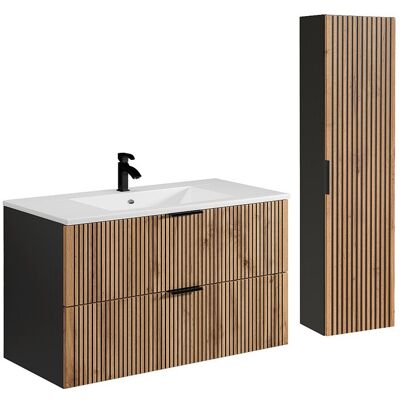Unique Geribbeld badkamermeubel met inbouwwastafel en kolomkast - Licht naturel en zwart - 100 cm - MADELA - Zwart, Natuurlijk licht Unique Geribbeld badkamermeubel met inbouwwastafel en kolomkast - Licht naturel en zwart - 100 cm - MADELA - Zwart, Natuurlijk licht
