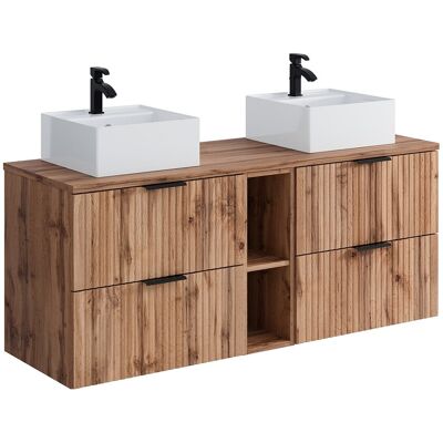 Unique Geribbeld hangmeubel voor badkamer met nissen en dubbele vierkante opbouwwastafel - Licht naturel - L140 cm - ZEVARA - Natuurlijk licht Unique Geribbeld hangmeubel voor badkamer met nissen en dubbele vierkante opbouwwastafel - Licht naturel - L140 cm - ZEVARA - Natuurlijk licht