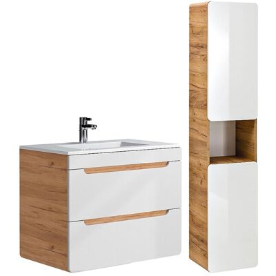 Unique Zwevend badkamermeubel met inbouwwaskom en kolomkast - Naturel en wit - 80 cm - ARUBA - Natuurlijk licht, Wit Unique Zwevend badkamermeubel met inbouwwaskom en kolomkast - Naturel en wit - 80 cm - ARUBA - Natuurlijk licht, Wit