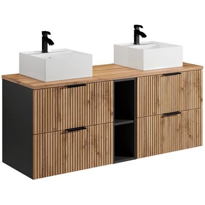 Unique Geribbeld hangmeubel voor badkamer met nissen en dubbele vierkante opbouwwastafel - Licht naturel - L140 cm - MADELA - Zwart, Natuurlijk licht Unique Geribbeld hangmeubel voor badkamer met nissen en dubbele vierkante opbouwwastafel - Licht naturel - L140 cm - MADELA - Zwart, Natuurlijk licht