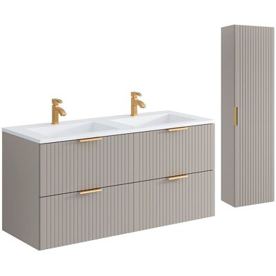 Unique Hangend badkamermeubel met inbouwwastafel en kolomkast - Geribbeld Beige kleur - 120 cm - ZEVARA - Beige Unique Hangend badkamermeubel met inbouwwastafel en kolomkast - Geribbeld Beige kleur - 120 cm - ZEVARA - Beige