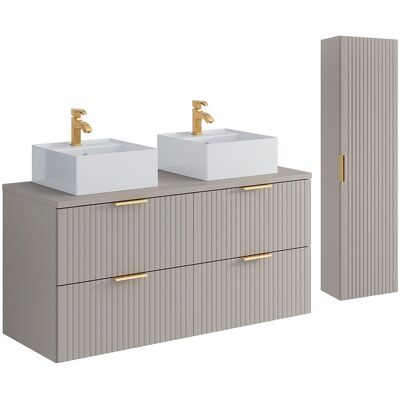 Unique Hangend badkamermeubel met vierkante opzetwastafel en kolomkast - Geribbeld Beige kleur - 120 cm - ZEVARA - Beige Unique Hangend badkamermeubel met vierkante opzetwastafel en kolomkast - Geribbeld Beige kleur - 120 cm - ZEVARA - Beige