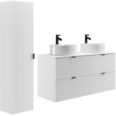 Unique Hangend badkamermeubel geribbeld met ronde opzet wastafel en kolomkast - Mat wit - 120 cm - ZEVINI - Wit Unique Hangend badkamermeubel geribbeld met ronde opzet wastafel en kolomkast - Mat wit - 120 cm - ZEVINI - Wit