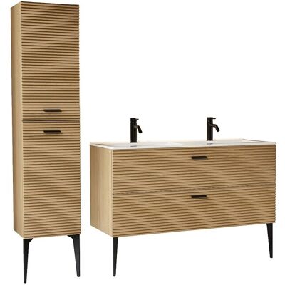 Unique Geribbeld badkamermeubel op poten met inbouwwastafel, kraan en kolomkast - 2 lades - Licht naturel - 120 cm - SARONE - Natuurlijk licht Unique Geribbeld badkamermeubel op poten met inbouwwastafel, kraan en kolomkast - 2 lades - Licht naturel - 120 cm - SARONE - Natuurlijk licht