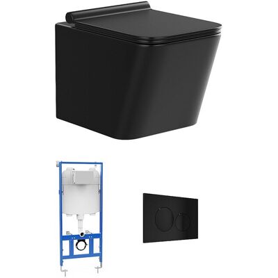 Unique Set voor hang-wc van mat zwart keramiek met optie voorwandsysteem en ronde bedieningsplaat - CLEMONA - Zwart Unique Set voor hang-wc van mat zwart keramiek met optie voorwandsysteem en ronde bedieningsplaat - CLEMONA - Zwart