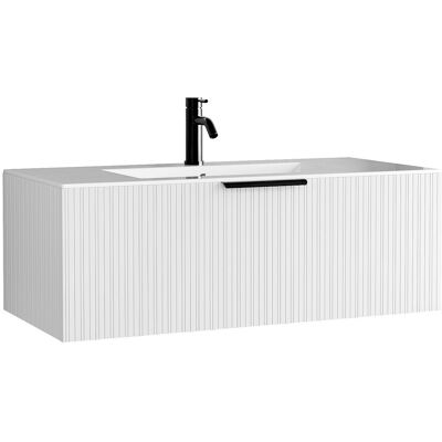 Unique Zwevend badkamermeubel met ribbelstructuur met inbouwwastafel en kraan - Witte kleur - 100 cm - PALIRO - Wit Unique Zwevend badkamermeubel met ribbelstructuur met inbouwwastafel en kraan - Witte kleur - 100 cm - PALIRO - Wit