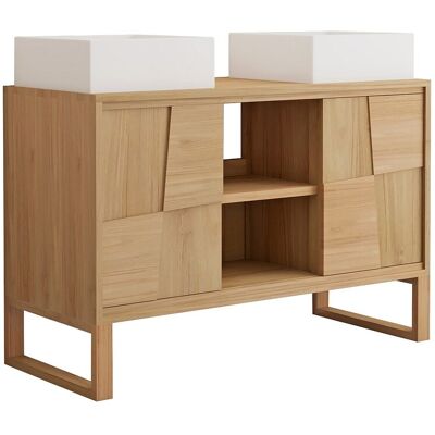 Unique Badkamermeubel op poten van teakhout met dubbele opzetwastafel vierkant keramiek - B120 cm - MATARAM - Natuurlijk licht Unique Badkamermeubel op poten van teakhout met dubbele opzetwastafel vierkant keramiek - B120 cm - MATARAM - Natuurlijk licht