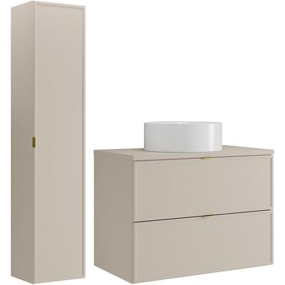 Unique Zwevend badkamermeubel met ronde opzetwastafel en kolomkast - Beige - 80 cm - ONDIL - Beige Unique Zwevend badkamermeubel met ronde opzetwastafel en kolomkast - Beige - 80 cm - ONDIL - Beige