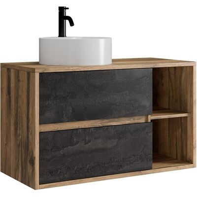 Unique Zwevend badkamermeubel met ronde waskom en kraan - Natuurlijke en antraciet kleur - 100 cm - TIKITIKI - Natuurlijk licht Unique Zwevend badkamermeubel met ronde waskom en kraan - Natuurlijke en antraciet kleur - 100 cm - TIKITIKI - Natuurlijk licht