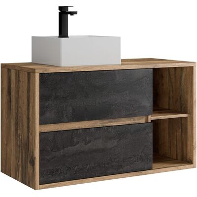 Unique Zwevend badkamermeubel met vierkante waskom en kraan - Natuurlijk en antraciet - 100 cm - TIKITIKI - Natuurlijk licht Unique Zwevend badkamermeubel met vierkante waskom en kraan - Natuurlijk en antraciet - 100 cm - TIKITIKI - Natuurlijk licht