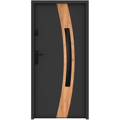 Unique Stalen voordeur met glas en inox H207 x B100 cm - gerookt glas - antraciet en eikenhoutlook - dikte 55 mm - rechtsdraaiend - TROFA - Antracietgrijs, Natuurlijk licht Unique Stalen voordeur met glas en inox H207 x B100 cm - gerookt glas - antraciet en eikenhoutlook - dikte 55 mm - rechtsdraaiend - TROFA - Antracietgrijs, Natuurlijk licht