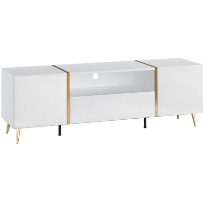 Unique Tv-meubel met 2 deuren, 1 lade en 1 nis - Glanzend wit en goudkleurig - MARZIALO - Wit Unique Tv-meubel met 2 deuren, 1 lade en 1 nis - Glanzend wit en goudkleurig - MARZIALO - Wit