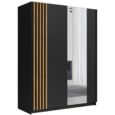 Unique Kast met 2 schuifdeuren - Met spiegel - L150 cm - Zwart en houteffect - CALELA - Zwart Unique Kast met 2 schuifdeuren - Met spiegel - L150 cm - Zwart en houteffect - CALELA - Zwart
