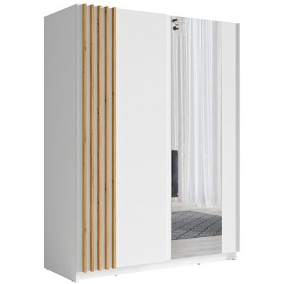 Unique Kast met 2 schuifdeuren - Met spiegel - L150 cm - Wit en houteffect - CALELA - Wit Unique Kast met 2 schuifdeuren - Met spiegel - L150 cm - Wit en houteffect - CALELA - Wit