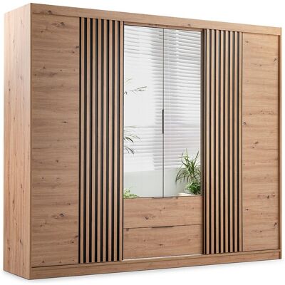 Unique Kast met 4 deuren en 2 lades - Met spiegel - L250 cm - Kleur: houteffect - SIDOVIA - Natuurlijk licht Unique Kast met 4 deuren en 2 lades - Met spiegel - L250 cm - Kleur: houteffect - SIDOVIA - Natuurlijk licht