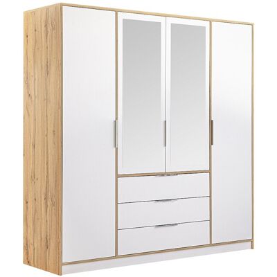 Unique Kast met 4 deuren en 3 lades - Met spiegels - L196 cm - Kleur: naturel en wit - LAMIKI - Natuurlijk licht, Wit Unique Kast met 4 deuren en 3 lades - Met spiegels - L196 cm - Kleur: naturel en wit - LAMIKI - Natuurlijk licht, Wit