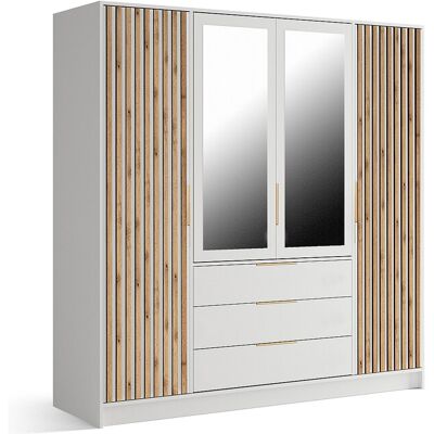 Unique Kast met 4 deuren en 3 laden - Met spiegel - B196 cm - Kleur: Naturel en Wit - LIRMADA - Natuurlijk licht, Wit Unique Kast met 4 deuren en 3 laden - Met spiegel - B196 cm - Kleur: Naturel en Wit - LIRMADA - Natuurlijk licht, Wit