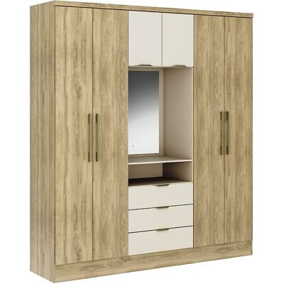 Unique Kast met 6 deuren en 3 lades - Met spiegel - L180 cm - Kleur: naturel en beige - ELORIO - Beige, Natuurlijk licht Unique Kast met 6 deuren en 3 lades - Met spiegel - L180 cm - Kleur: naturel en beige - ELORIO - Beige, Natuurlijk licht