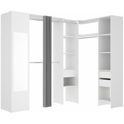 Unique Hoekkledingkast met gordijn en 1 deur - Met spiegel - L231 cm - Wit en grijs - BERTRAND - Wit Unique Hoekkledingkast met gordijn en 1 deur - Met spiegel - L231 cm - Wit en grijs - BERTRAND - Wit
