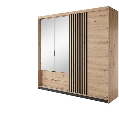 Unique Kast met 3 deuren en 2 lades - Spiegel en ledverlichting - L220 cm - Kleur: naturel en zwart - ARIADA - Zwart, Natuurlijk licht Unique Kast met 3 deuren en 2 lades - Spiegel en ledverlichting - L220 cm - Kleur: naturel en zwart - ARIADA - Zwart, Natuurlijk licht