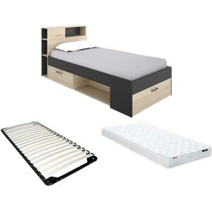 Unique Bed met hoofdeinde, opbergruimte en lades - 90 x 190 cm - Eiken en naturel + Bedbodem en matras - LEANDRE - Antracietgrijs, Natuurlijk licht Unique Bed met hoofdeinde, opbergruimte en lades - 90 x 190 cm - Eiken en naturel + Bedbodem en matras - LEANDRE - Antracietgrijs, Natuurlijk licht