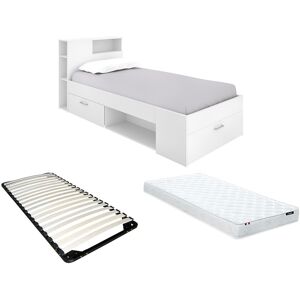 Unique Bed met hoofdeinde, opbergruimte en lades - 90 x 190 cm - Wit + Bedbodem en matras - LEANDRE - Wit Unique Bed met hoofdeinde, opbergruimte en lades - 90 x 190 cm - Wit + Bedbodem en matras - LEANDRE - Wit