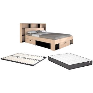 Unique Bed 140 x 190/200 cm met hoofdbord met opbergruimte - Kleur: naturel en zwart + bedbodem + matras - KINSELIA - Zwart, Natuurlijk licht Unique Bed 140 x 190/200 cm met hoofdbord met opbergruimte - Kleur: naturel en zwart + bedbodem + matras - KINSELIA - Zwart, Natuurlijk licht