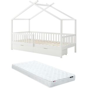 Unique Hutbed 90 x 190 cm met lades - Grenen en mdf - Wit + matras - KIRALIO - Wit Unique Hutbed 90 x 190 cm met lades - Grenen en mdf - Wit + matras - KIRALIO - Wit