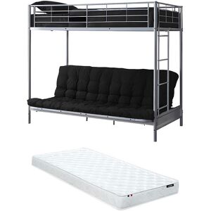 Unique Hoogslaper 90 x 190 cm met uitklapbare bank - Zilverkleurig metaal + Futon + Matras - MODULO V - Zilverkleurig Unique Hoogslaper 90 x 190 cm met uitklapbare bank - Zilverkleurig metaal + Futon + Matras - MODULO V - Zilverkleurig