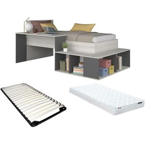 Unique Hoogslaper 90 x 200 cm met opbergruimte en bureau - Kleur: naturel en antraciet + bedbodem + matras - RIGALI - Antracietgrijs, Natuurlijk licht Unique Hoogslaper 90 x 200 cm met opbergruimte en bureau - Kleur: naturel en antraciet + bedbodem + matras - RIGALI - Antracietgrijs, Natuurlijk licht