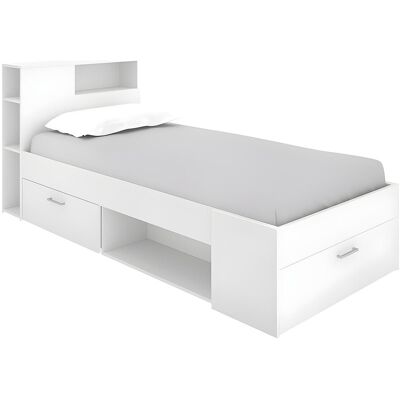 Unique Bed met hoofdeinde, opbergruimte en lades - 90 x 190 cm - Kleur: wit - LEANDRE - Wit Unique Bed met hoofdeinde, opbergruimte en lades - 90 x 190 cm - Kleur: wit - LEANDRE - Wit