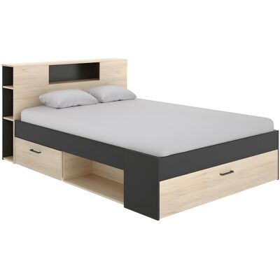 Unique Bed LEANDRE met hoofdeinde, opbergruimte en lades - 140 x 190 cm - Kleur: eiken en antraciet - Antracietgrijs, Natuurlijk licht Unique Bed LEANDRE met hoofdeinde, opbergruimte en lades - 140 x 190 cm - Kleur: eiken en antraciet - Antracietgrijs, Natuurlijk licht