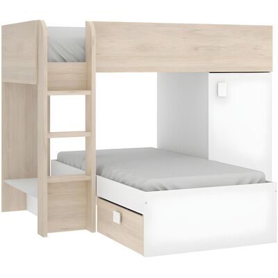 Unique Omkeerbare hoekstapelbed RICARDO - 2 x 90x190cm - opbergruimte - Eiken en Wit - Natuurlijk licht, Wit Unique Omkeerbare hoekstapelbed RICARDO - 2 x 90x190cm - opbergruimte - Eiken en Wit - Natuurlijk licht, Wit